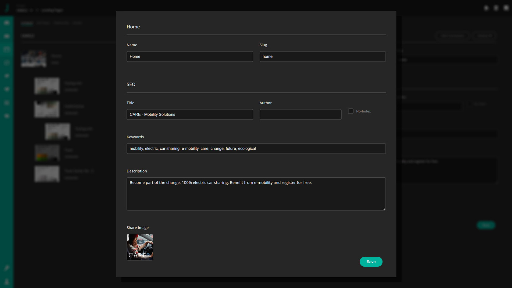 Options d'optimisation pour les moteurs de recherche SEO dans l'éditeur JUNE : Title, Keywords, Description, Share Image